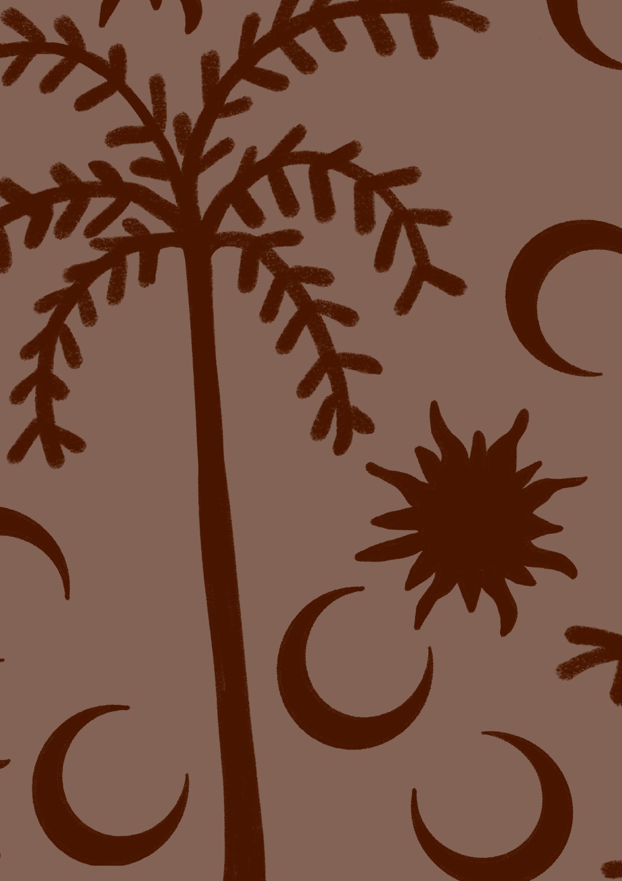 Rich dark brown wallpaper with chocolate palm silhouettes and moon patterns, topped with a subtle striped border, from the Shatha collection with Urban Road.