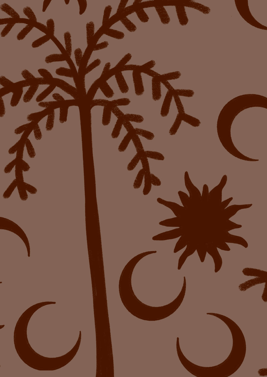 Rich dark brown wallpaper with chocolate palm silhouettes and moon patterns, topped with a subtle striped border, from the Shatha collection with Urban Road.