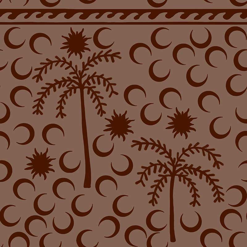 Rich dark brown wallpaper with chocolate palm silhouettes and moon patterns, topped with a subtle striped border, from the Shatha collection with Urban Road.