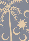Dusty blue wallpaper with warm cream palm trees, moons, and a decorative woven-style header, from the Shatha collection with Urban Road.
