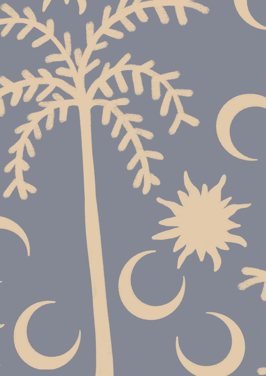 Dusty blue wallpaper with warm cream palm trees, moons, and a decorative woven-style header, from the Shatha collection with Urban Road.