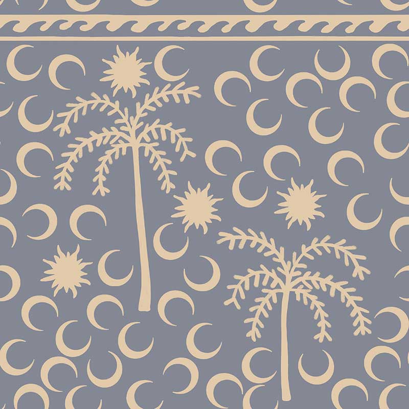 Dusty blue wallpaper with warm cream palm trees, moons, and a decorative woven-style header, from the Shatha collection with Urban Road.