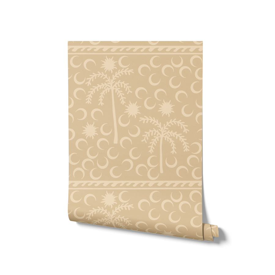 Earthy olive wallpaper with pale golden palm trees and moon icons arranged in a repeat pattern, from the Shatha collection with Urban Road.