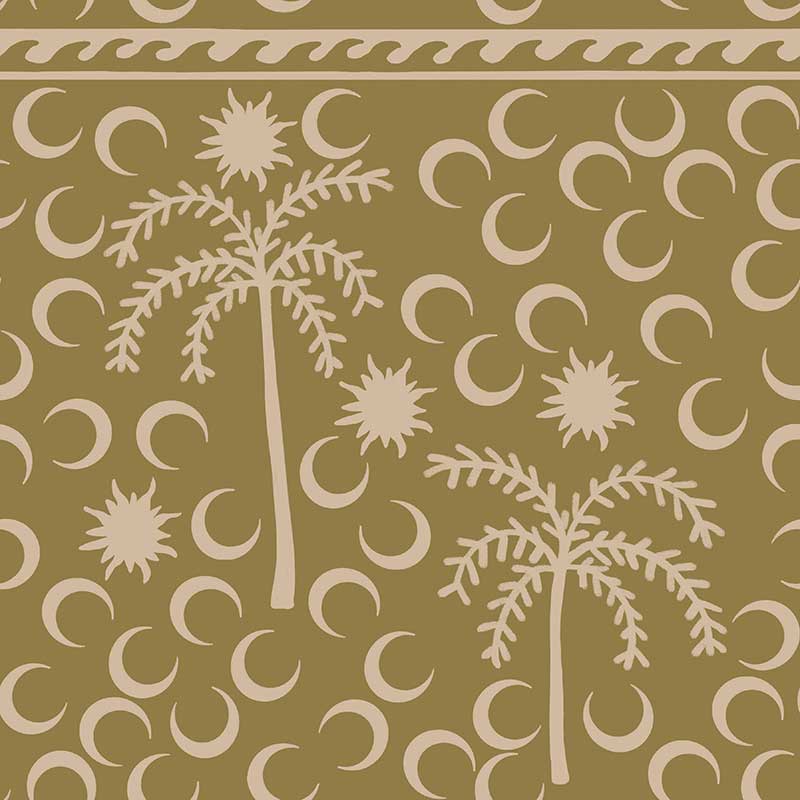 Earthy olive wallpaper with pale golden palm trees and moon icons arranged in a repeat pattern, from the Shatha collection with Urban Road.