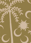 Earthy olive wallpaper with pale golden palm trees and moon icons arranged in a repeat pattern, from the Shatha collection with Urban Road.