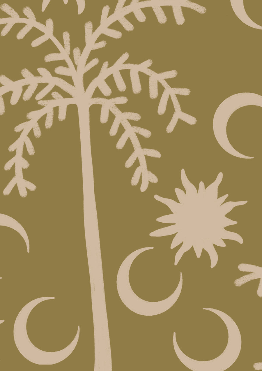Earthy olive wallpaper with pale golden palm trees and moon icons arranged in a repeat pattern, from the Shatha collection with Urban Road.
