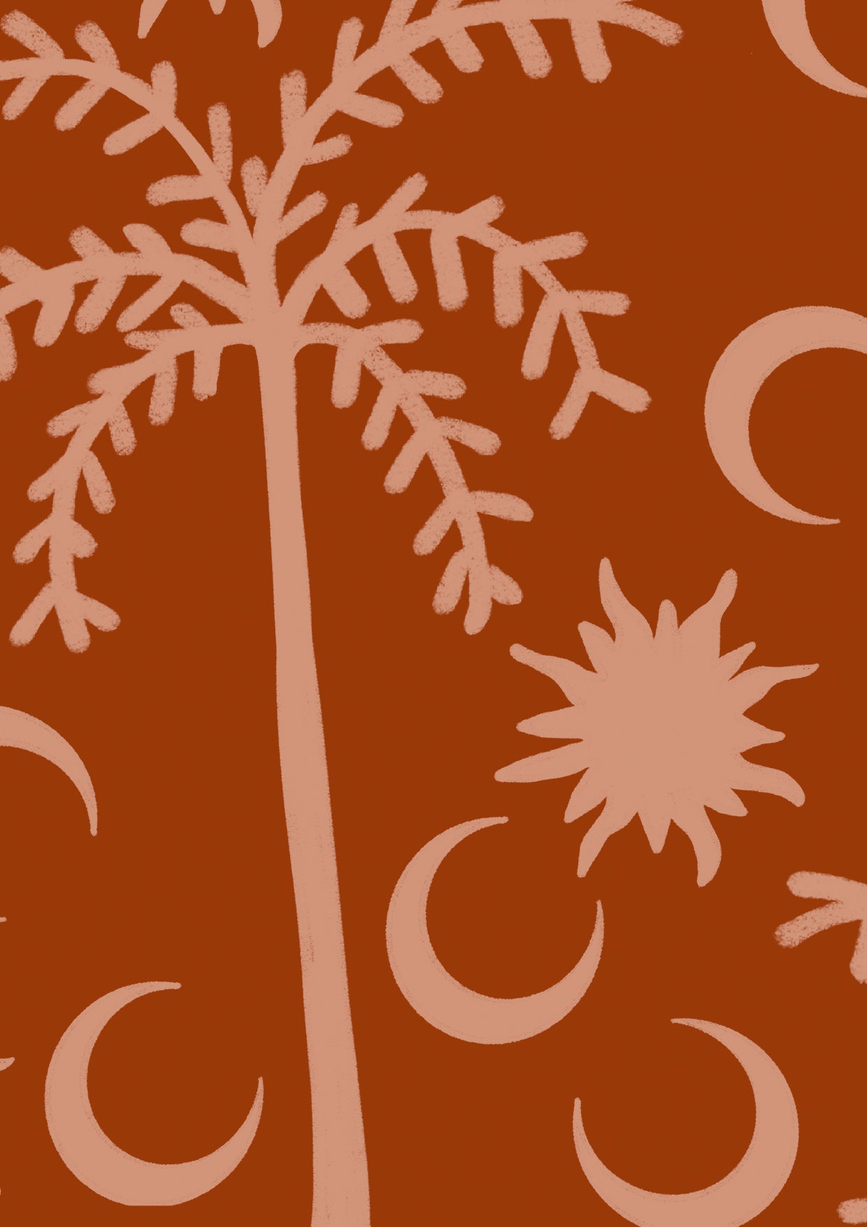 Bold black wallpaper with contrasting beige palms and moons, finished with a striped top border detail, from the Shatha collection with Urban Road.