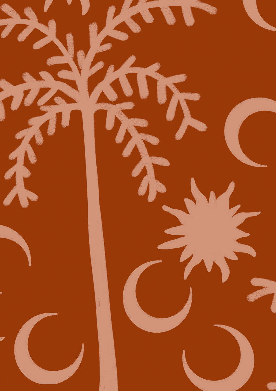 Bold black wallpaper with contrasting beige palms and moons, finished with a striped top border detail, from the Shatha collection with Urban Road.