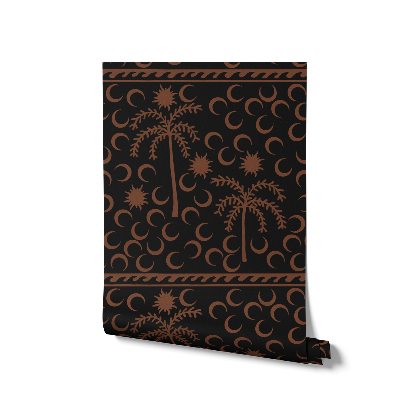 Warm terracotta wallpaper featuring light desert palms and crescent moons in soft cream, with a decorative border along the top edge, from the Shatha collection with Urban Road.