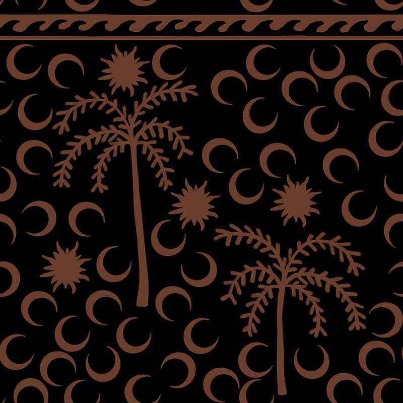 Warm terracotta wallpaper featuring light desert palms and crescent moons in soft cream, with a decorative border along the top edge, from the Shatha collection with Urban Road.