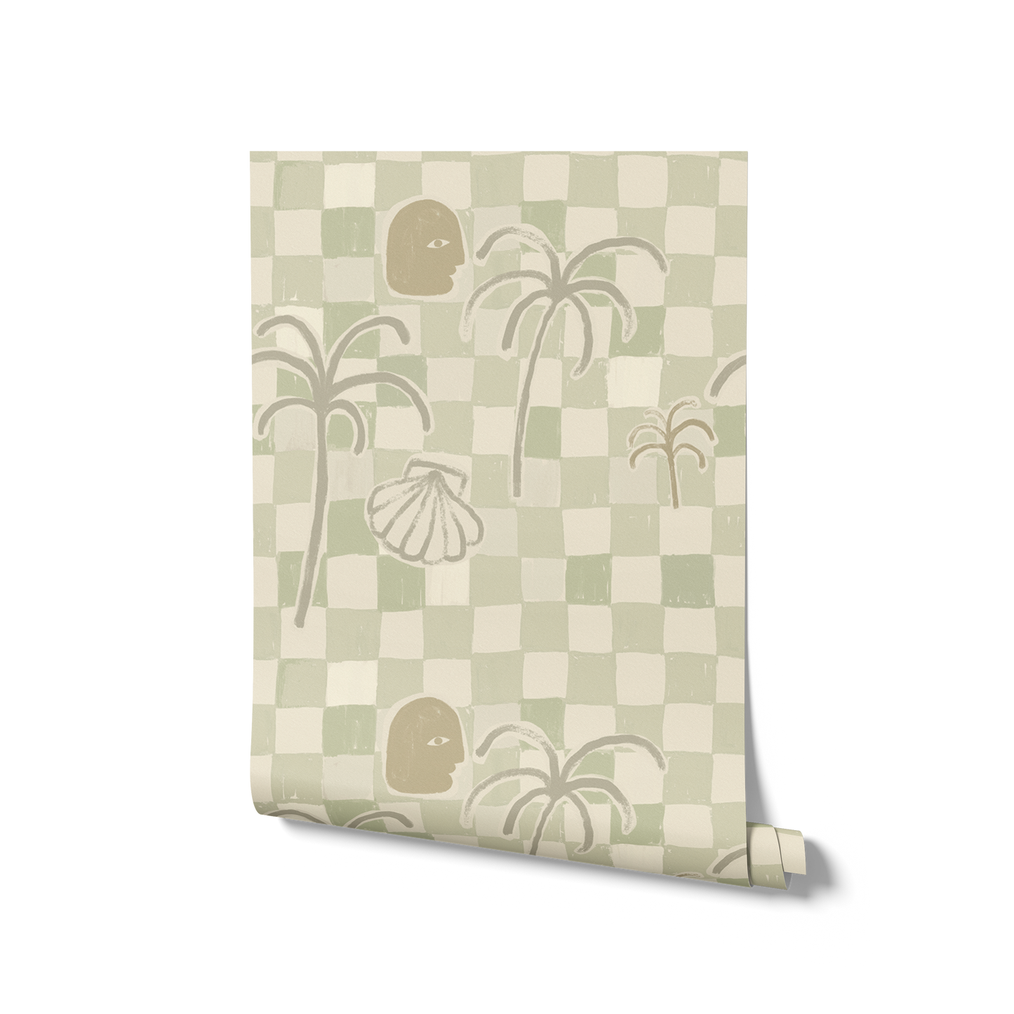 Soft sage green wallpaper with hand-drawn checkered squares, stylised palm trees, a face motif, and a shell illustration, from the Shatha collection with Urban Road.