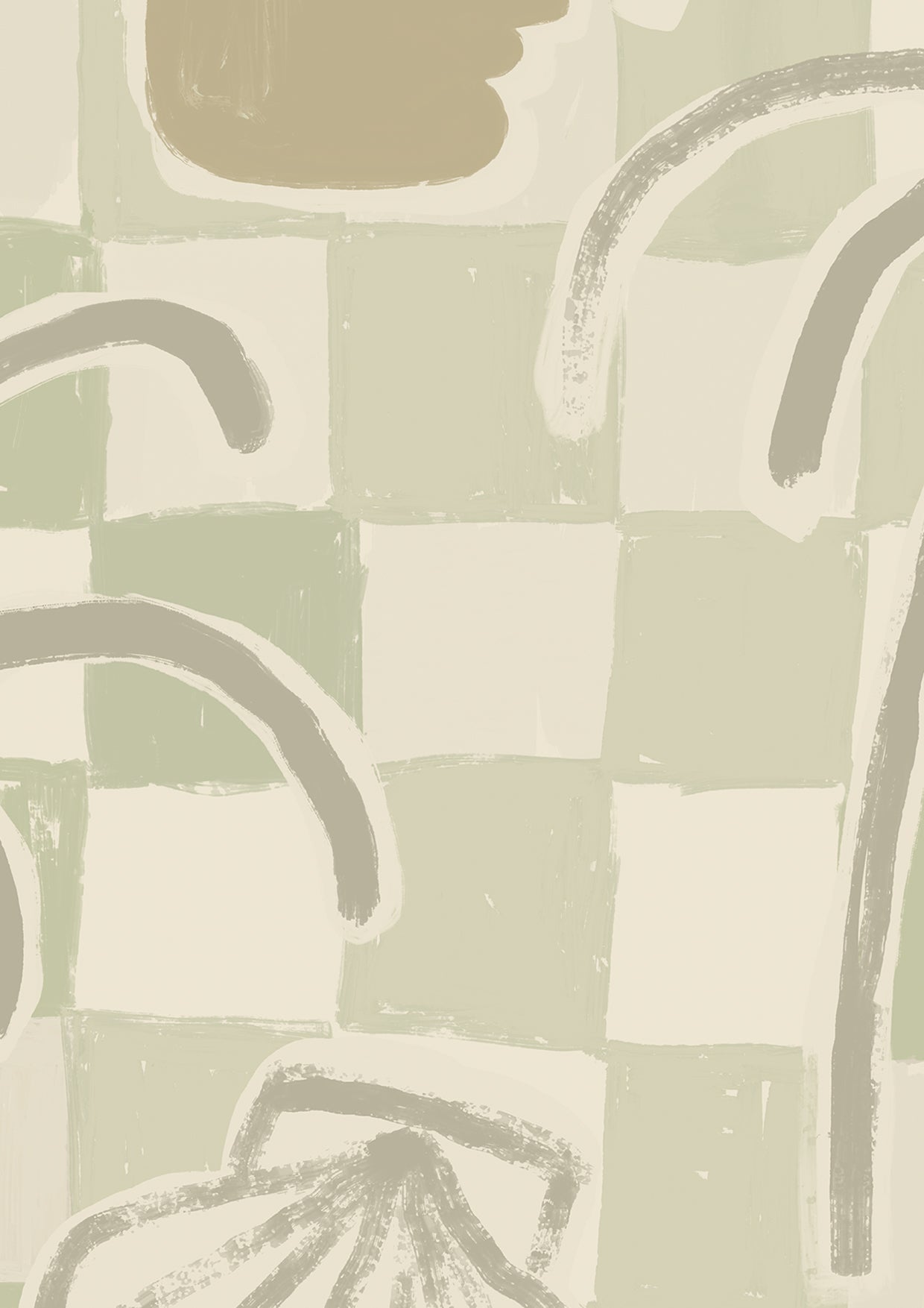 Soft sage green wallpaper with hand-drawn checkered squares, stylised palm trees, a face motif, and a shell illustration, from the Shatha collection with Urban Road.