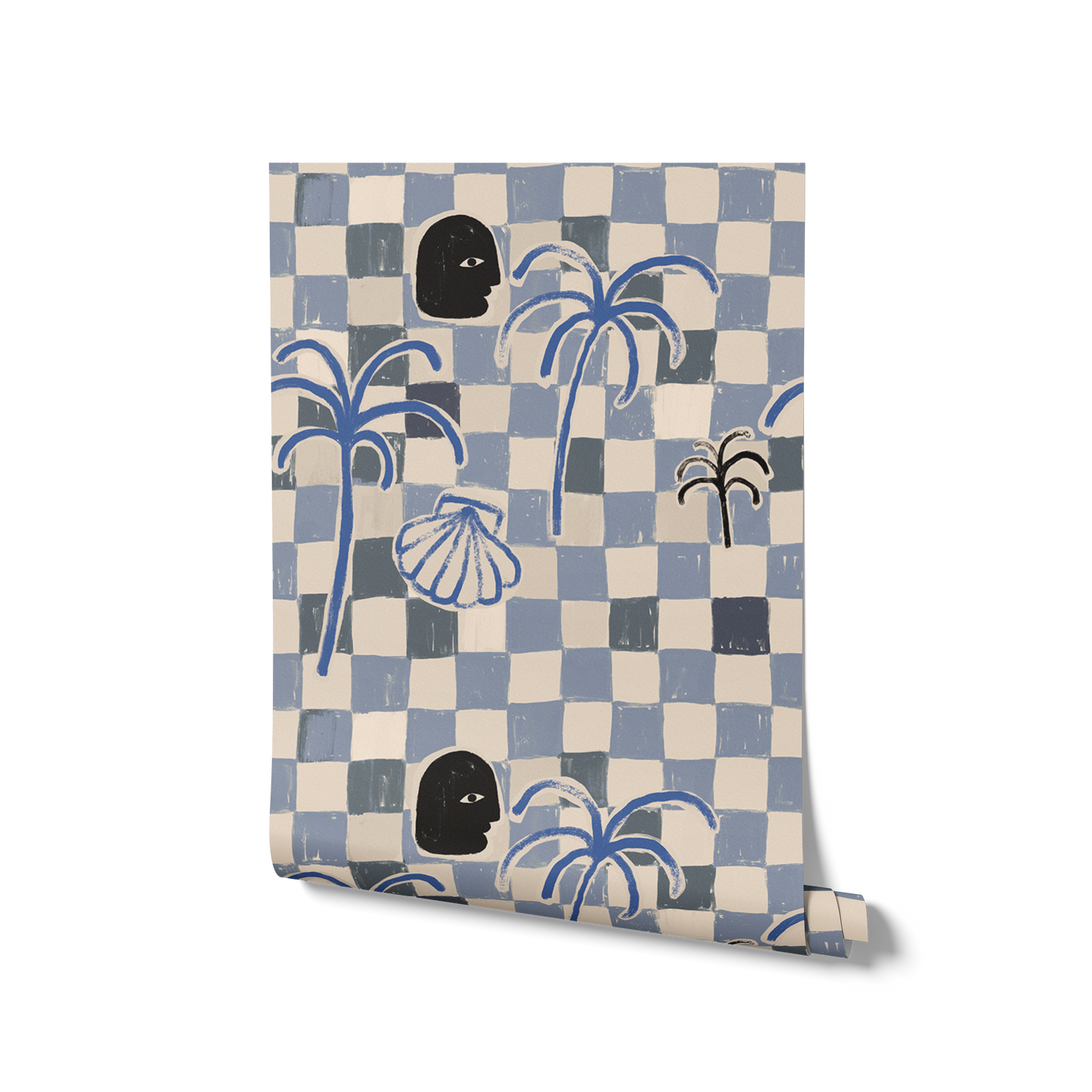 Dusty blue and cream checkered wallpaper featuring bold palms, a dark face profile, and a sketched shell motif, from the Shatha collection with Urban Road.