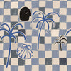 Dusty blue and cream checkered wallpaper featuring bold palms, a dark face profile, and a sketched shell motif, from the Shatha collection with Urban Road.