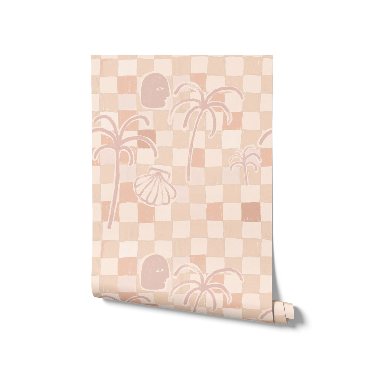 Light pink wallpaper with blush-toned checkers, soft palm trees, a face outline, and seashell drawings, from the Shatha collection with Urban Road.