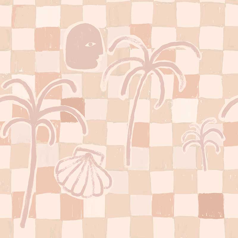 Light pink wallpaper with blush-toned checkers, soft palm trees, a face outline, and seashell drawings, from the Shatha collection with Urban Road.