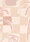 Light pink wallpaper with blush-toned checkers, soft palm trees, a face outline, and seashell drawings, from the Shatha collection with Urban Road.