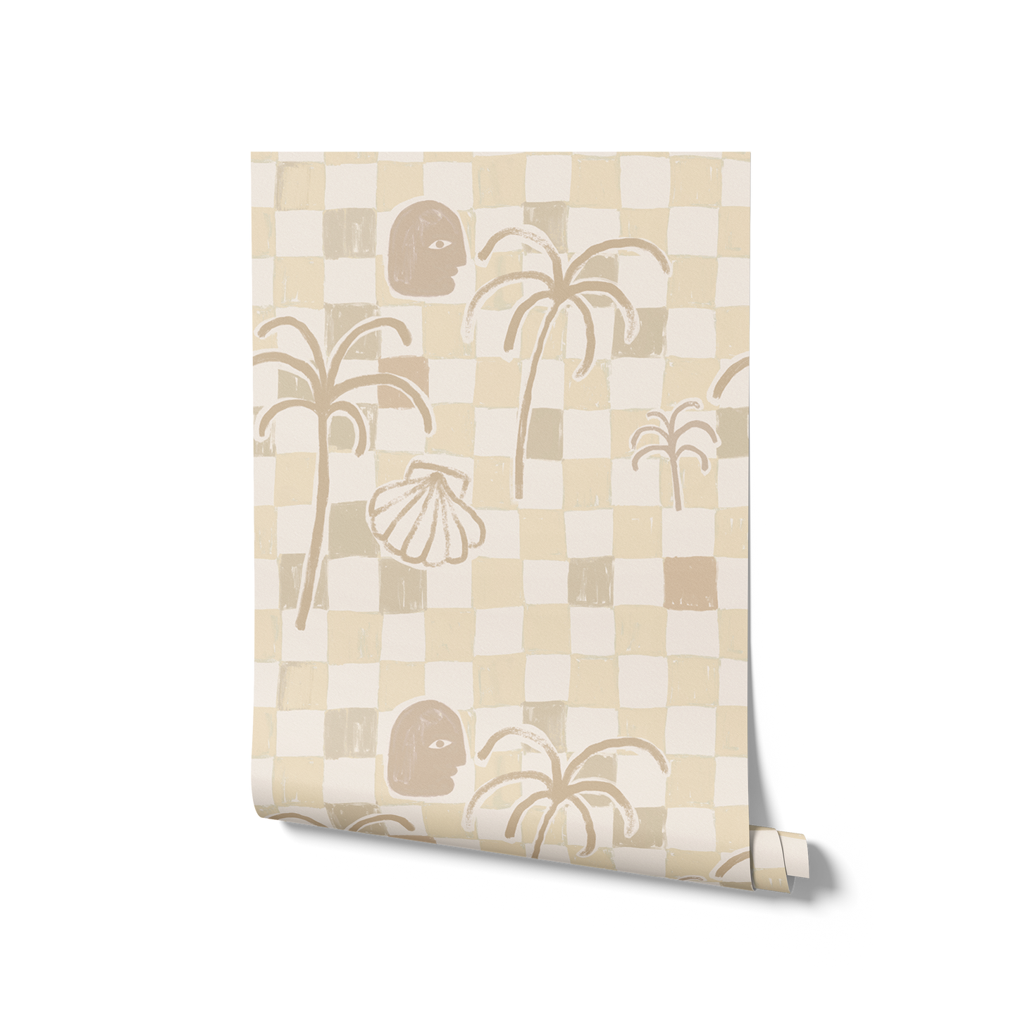 Neutral-toned wallpaper in sandy beige with a loose checker pattern, simple palm forms, and illustrated shell and face motifs, from the Shatha collection with Urban Road.