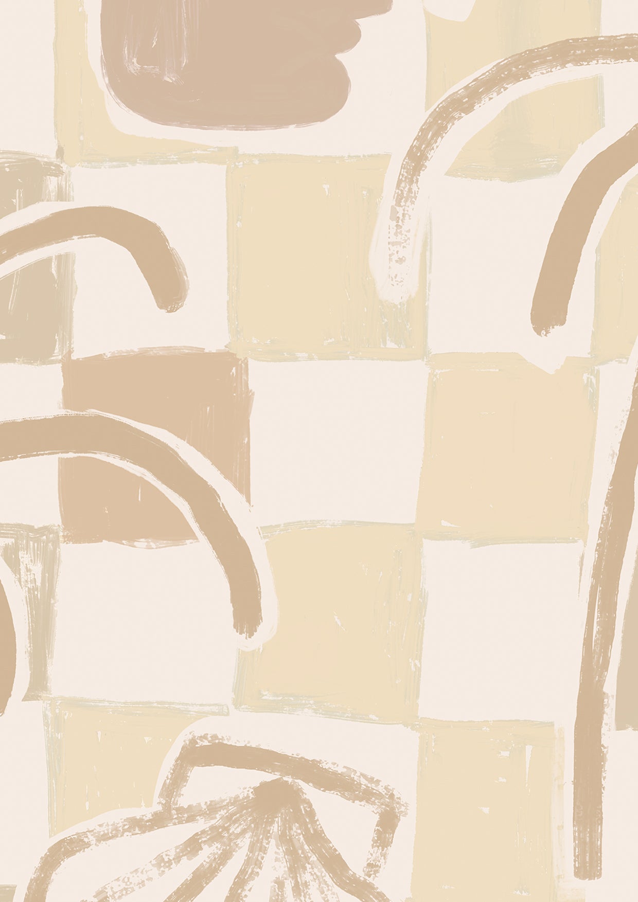 Neutral-toned wallpaper in sandy beige with a loose checker pattern, simple palm forms, and illustrated shell and face motifs, from the Shatha collection with Urban Road.