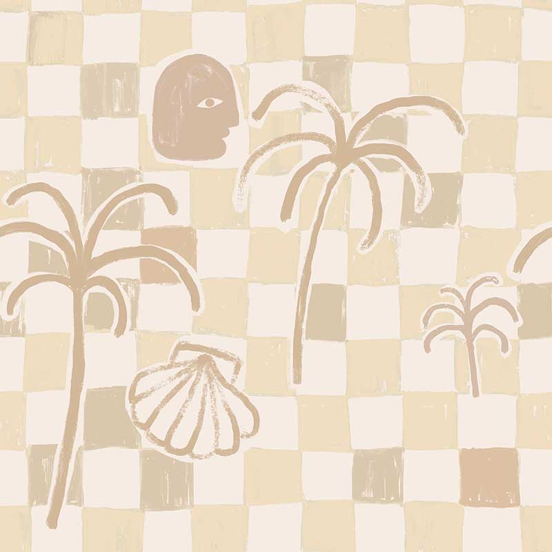 Neutral-toned wallpaper in sandy beige with a loose checker pattern, simple palm forms, and illustrated shell and face motifs, from the Shatha collection with Urban Road.