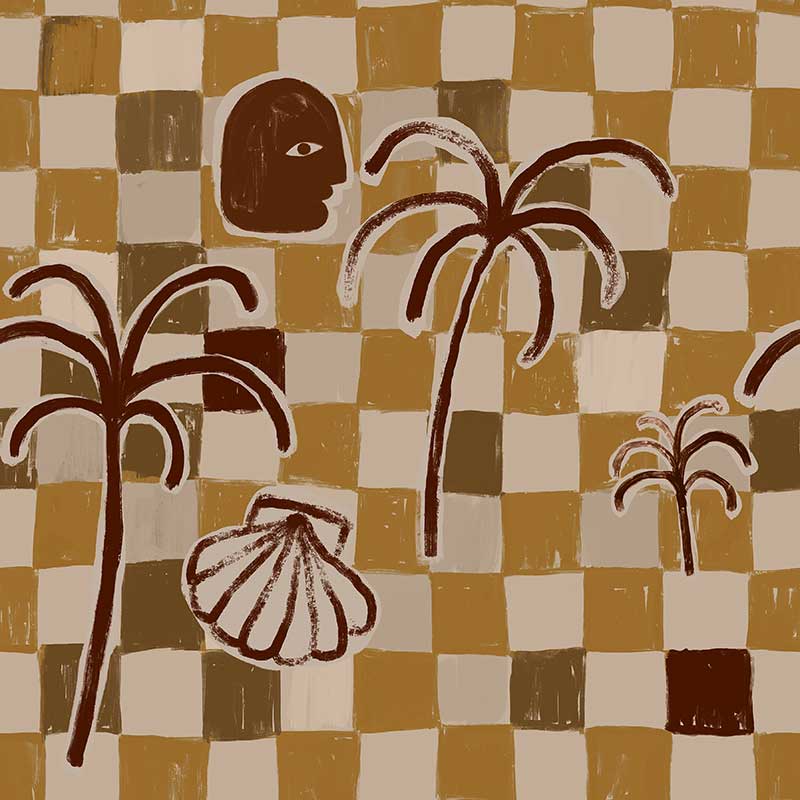 Olive green wallpaper with hand-drawn checkered background, contrasting brown palms, and stylised face and shell details, from the Shatha collection with Urban Road.