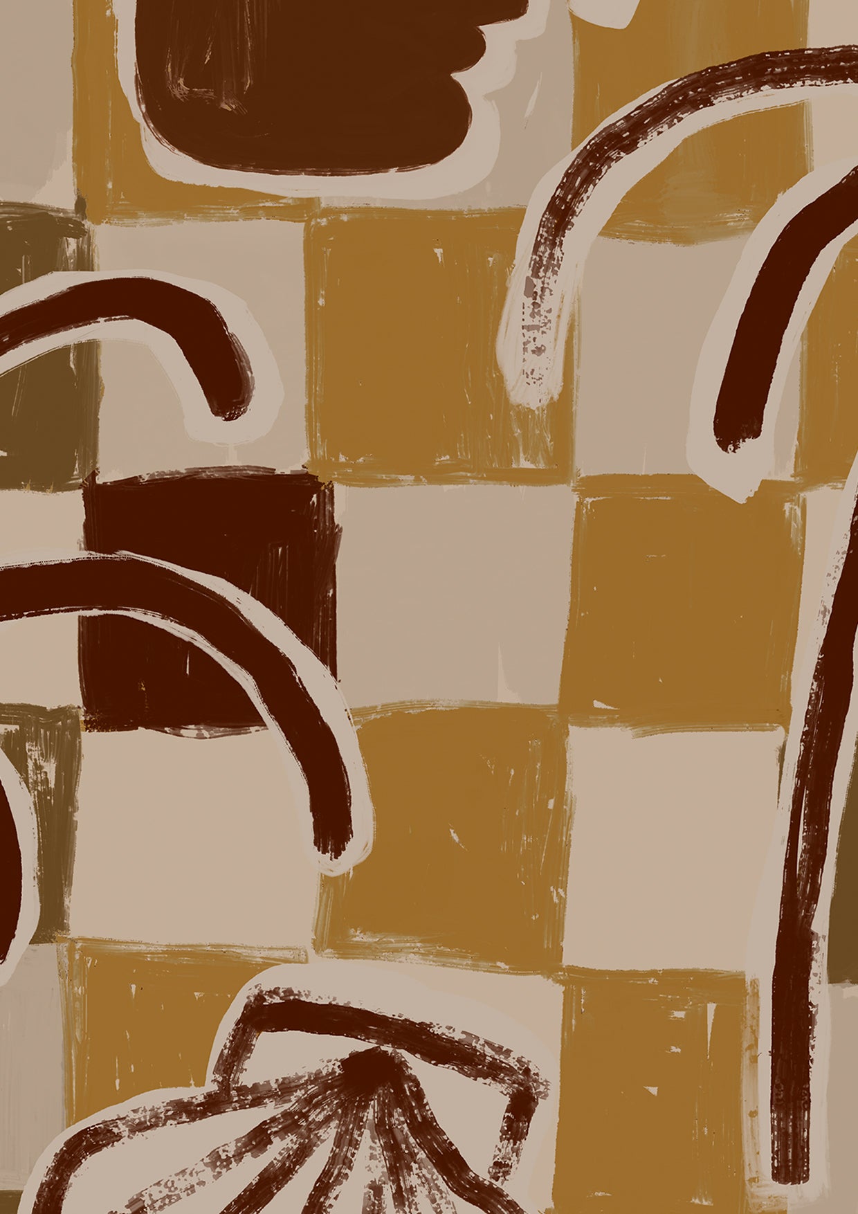 Olive green wallpaper with hand-drawn checkered background, contrasting brown palms, and stylised face and shell details, from the Shatha collection with Urban Road.