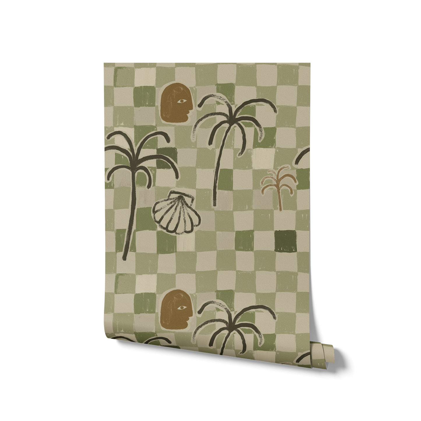 Warm brown wallpaper with golden ochre checkers, bold palm silhouettes, a soft face icon, and a white seashell drawing, from the Shatha collection with Urban Road.