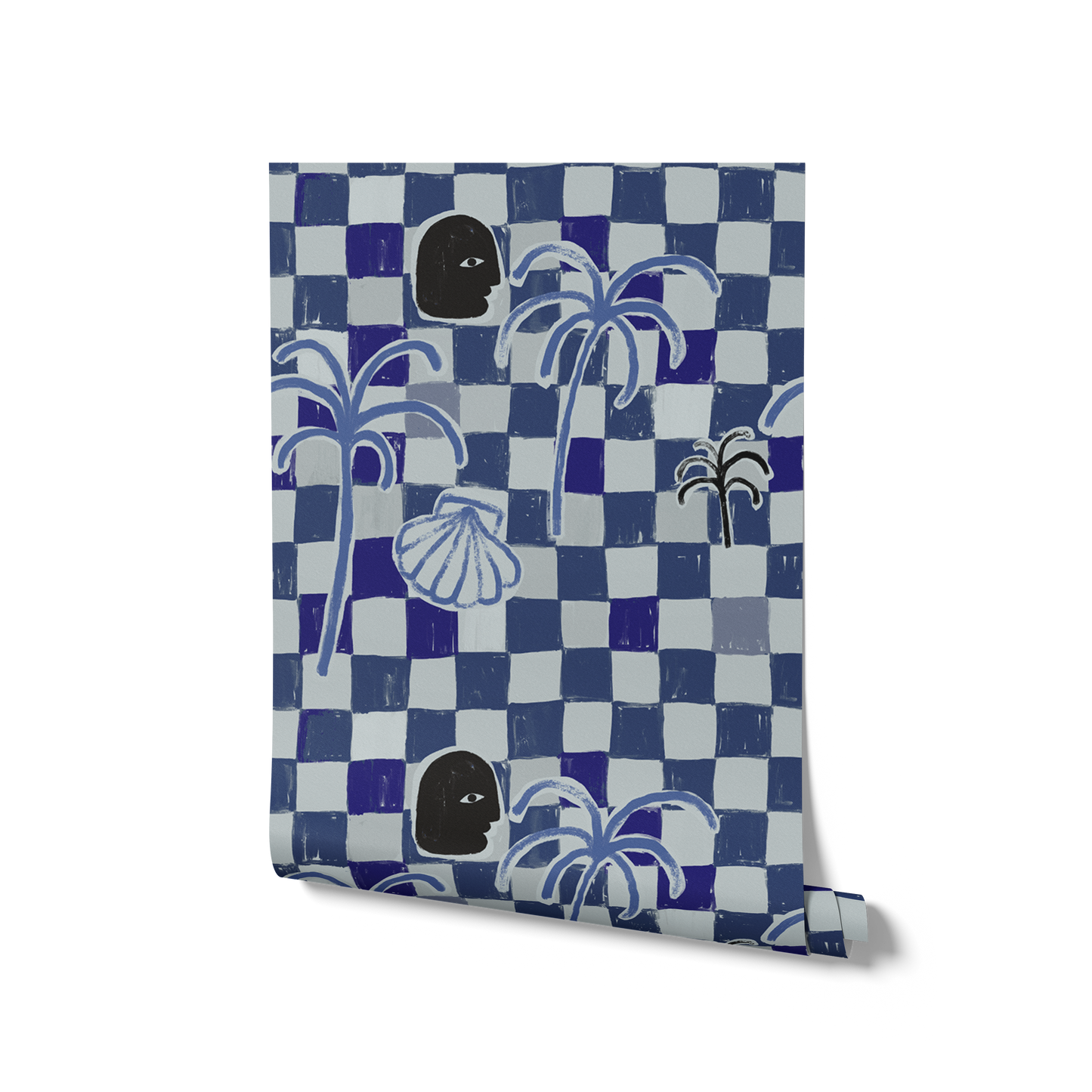 Deep blue checkered wallpaper with cream and cobalt elements, layered with palms, shells, and an illustrated black face profile, from the Shatha collection with Urban Road.