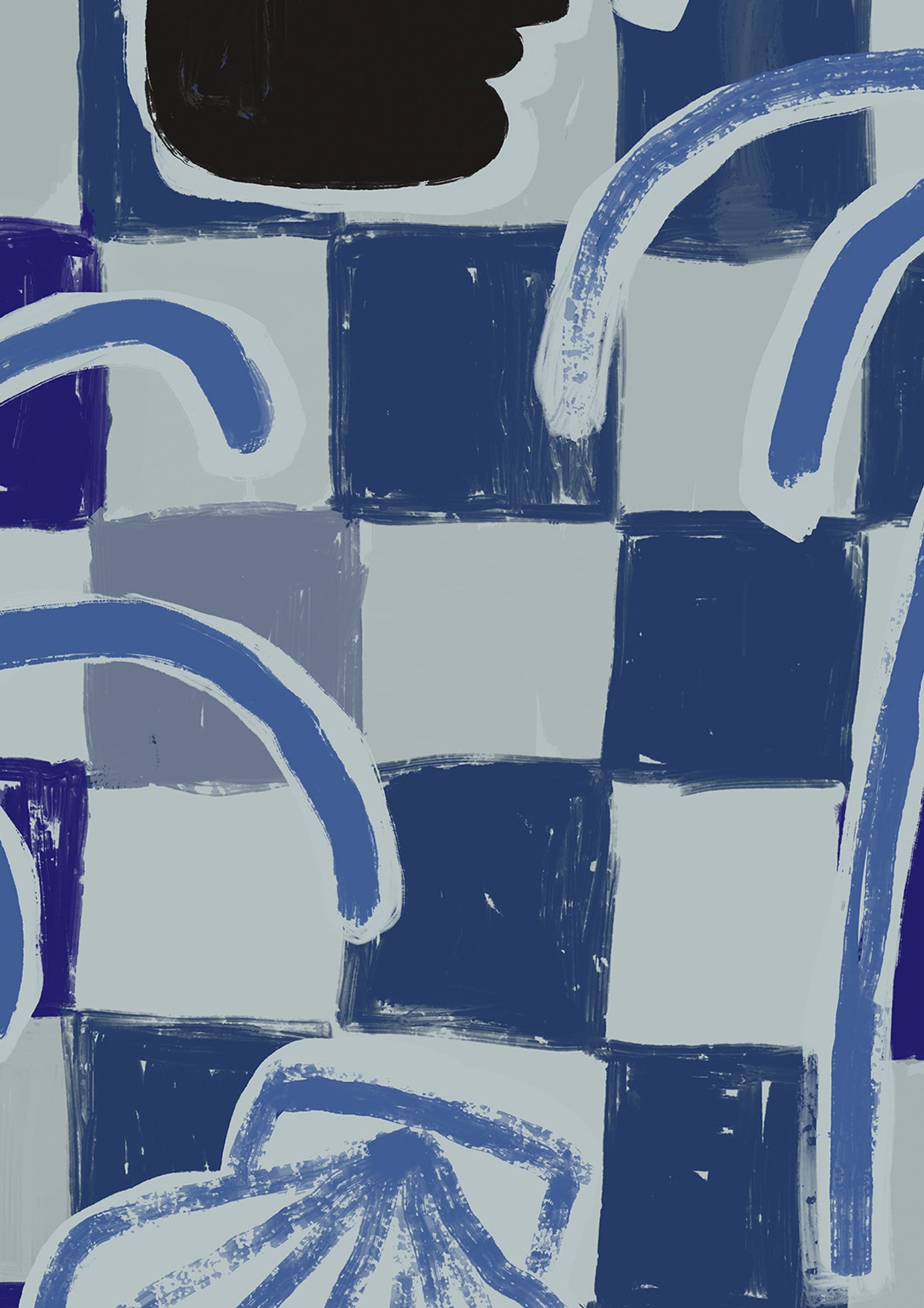 Deep blue checkered wallpaper with cream and cobalt elements, layered with palms, shells, and an illustrated black face profile, from the Shatha collection with Urban Road.