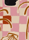 Rosy pink wallpaper with checkered pattern, mustard-toned palms, and sketched shell and face details in contrasting shades, from the Shatha collection with Urban Road.