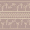 Clay-toned wallpaper featuring hand-drawn palm trees in horizontal rows, bordered with dotted and checkered bands, from the Shatha collection with Urban Road.