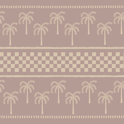 Clay-toned wallpaper featuring hand-drawn palm trees in horizontal rows, bordered with dotted and checkered bands, from the Shatha collection with Urban Road.