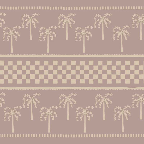 Clay-toned wallpaper featuring hand-drawn palm trees in horizontal rows, bordered with dotted and checkered bands, from the Shatha collection with Urban Road.