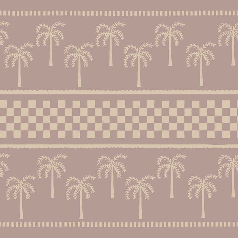 Clay-toned wallpaper featuring hand-drawn palm trees in horizontal rows, bordered with dotted and checkered bands, from the Shatha collection with Urban Road.