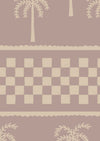 Clay-toned wallpaper featuring hand-drawn palm trees in horizontal rows, bordered with dotted and checkered bands, from the Shatha collection with Urban Road.