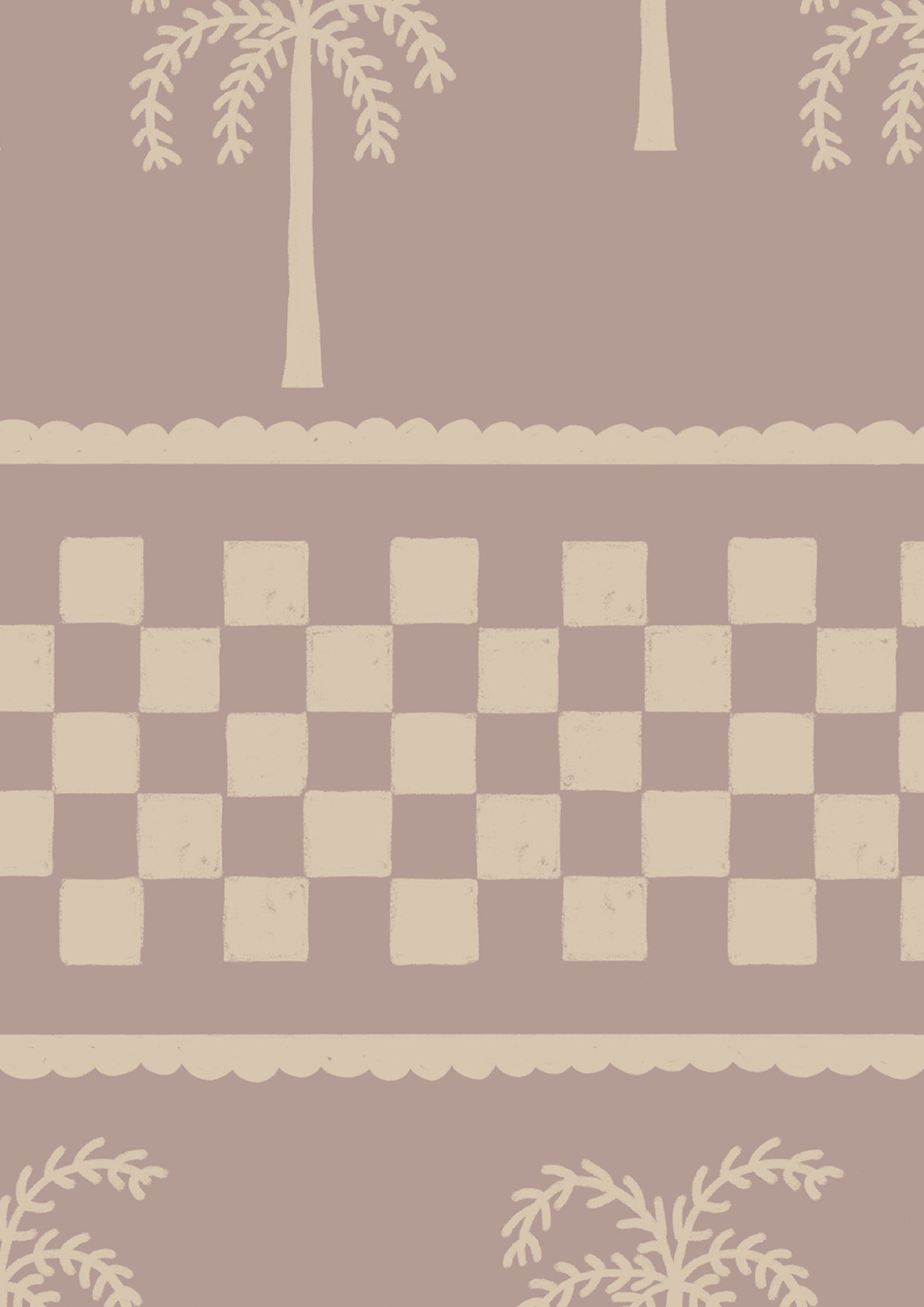 Clay-toned wallpaper featuring hand-drawn palm trees in horizontal rows, bordered with dotted and checkered bands, from the Shatha collection with Urban Road.
