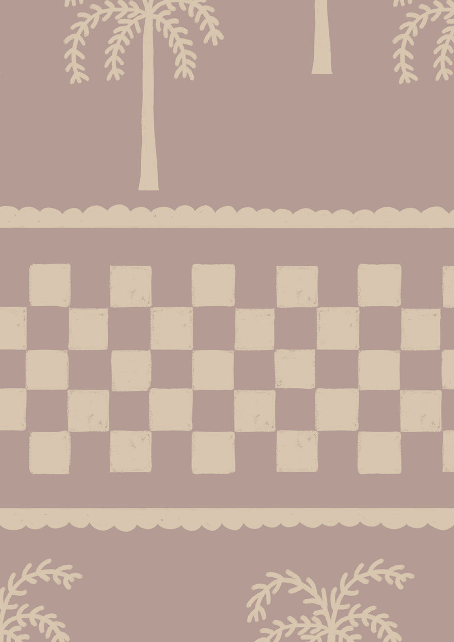 Clay-toned wallpaper featuring hand-drawn palm trees in horizontal rows, bordered with dotted and checkered bands, from the Shatha collection with Urban Road.