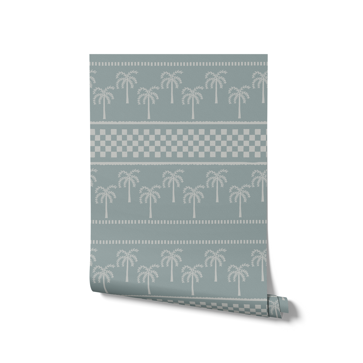 Cool blue wallpaper with rows of pale palms and decorative bands in soft ivory and light blue, from the Shatha collection with Urban Road.