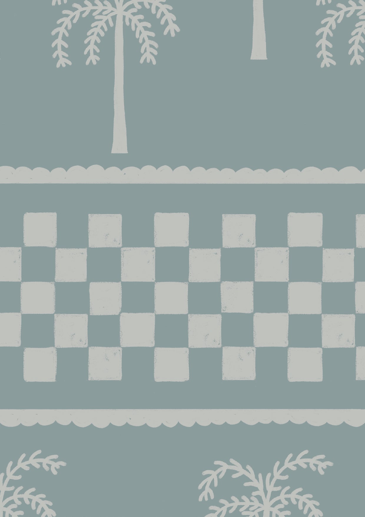 Cool blue wallpaper with rows of pale palms and decorative bands in soft ivory and light blue, from the Shatha collection with Urban Road.