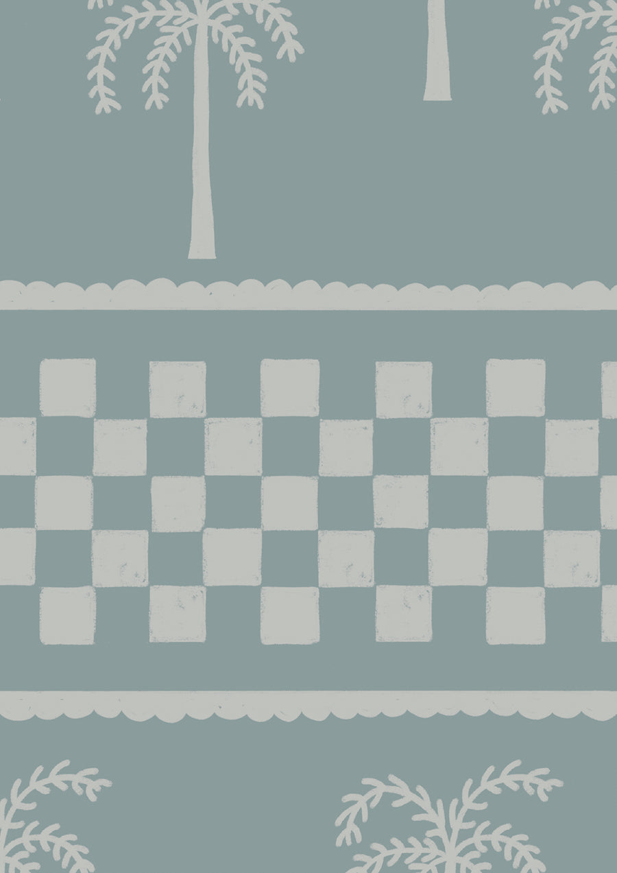 Cool blue wallpaper with rows of pale palms and decorative bands in soft ivory and light blue, from the Shatha collection with Urban Road.