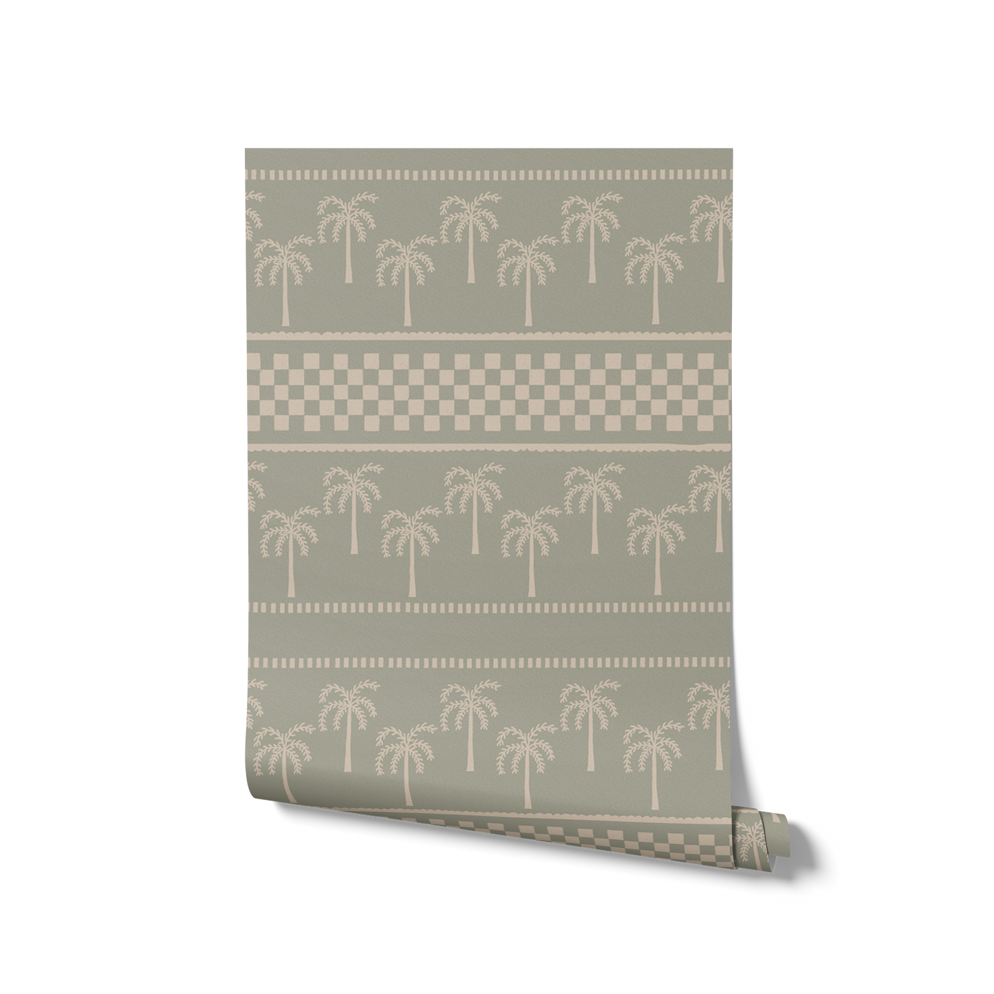 Sage green wallpaper with minimalist palm motifs and alternating checkered and striped bands, from the Shatha collection with Urban Road.