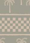 Sage green wallpaper with minimalist palm motifs and alternating checkered and striped bands, from the Shatha collection with Urban Road.