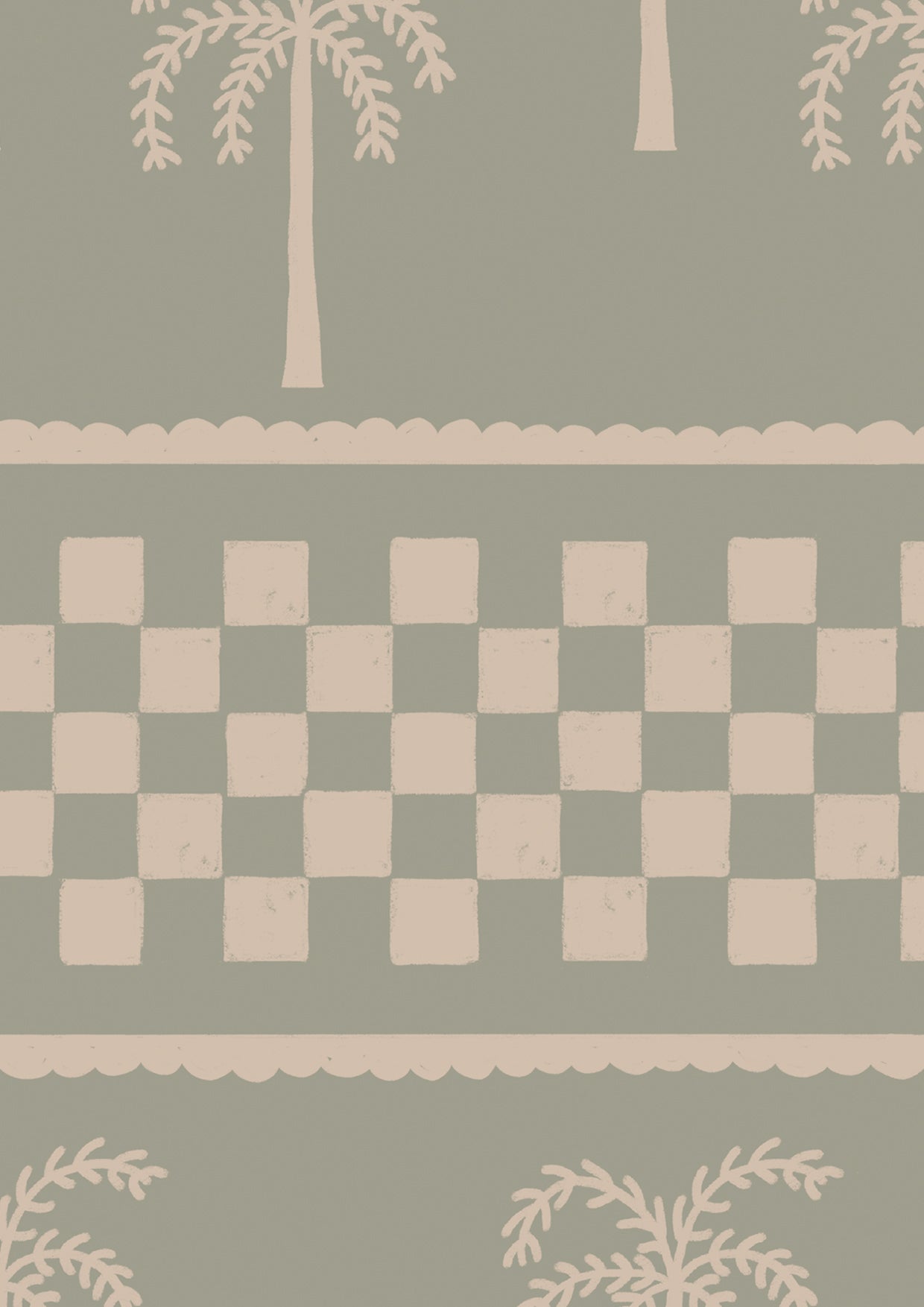 Sage green wallpaper with minimalist palm motifs and alternating checkered and striped bands, from the Shatha collection with Urban Road.