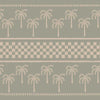 Sage green wallpaper with minimalist palm motifs and alternating checkered and striped bands, from the Shatha collection with Urban Road.