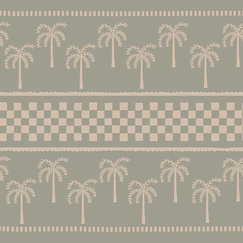 Sage green wallpaper with minimalist palm motifs and alternating checkered and striped bands, from the Shatha collection with Urban Road.