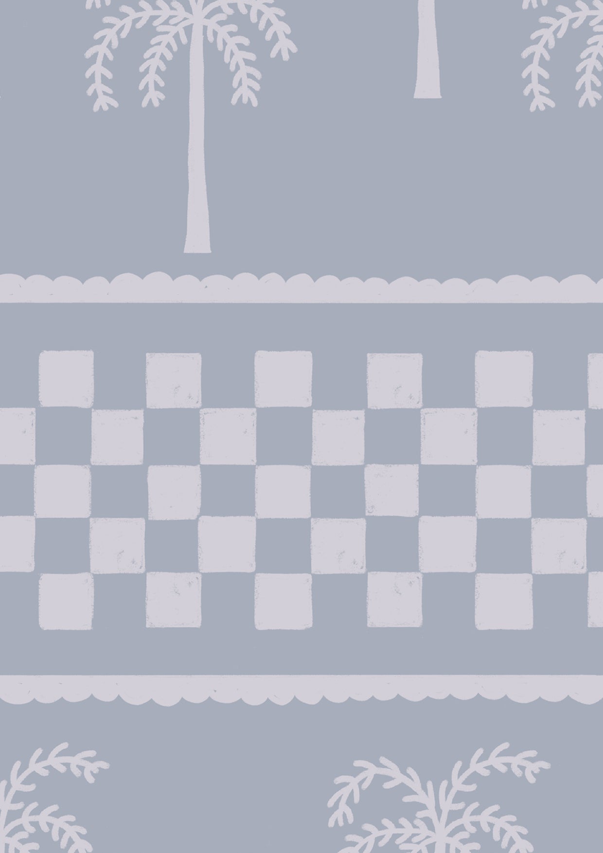 Denim blue wallpaper with off-white palm tree silhouettes and soft stripe detailing in horizontal layers, from the Shatha collection with Urban Road.