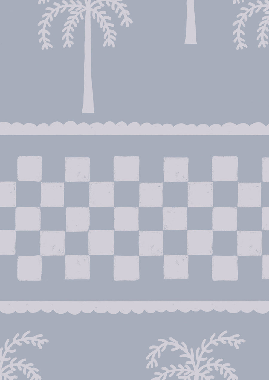 Denim blue wallpaper with off-white palm tree silhouettes and soft stripe detailing in horizontal layers, from the Shatha collection with Urban Road.