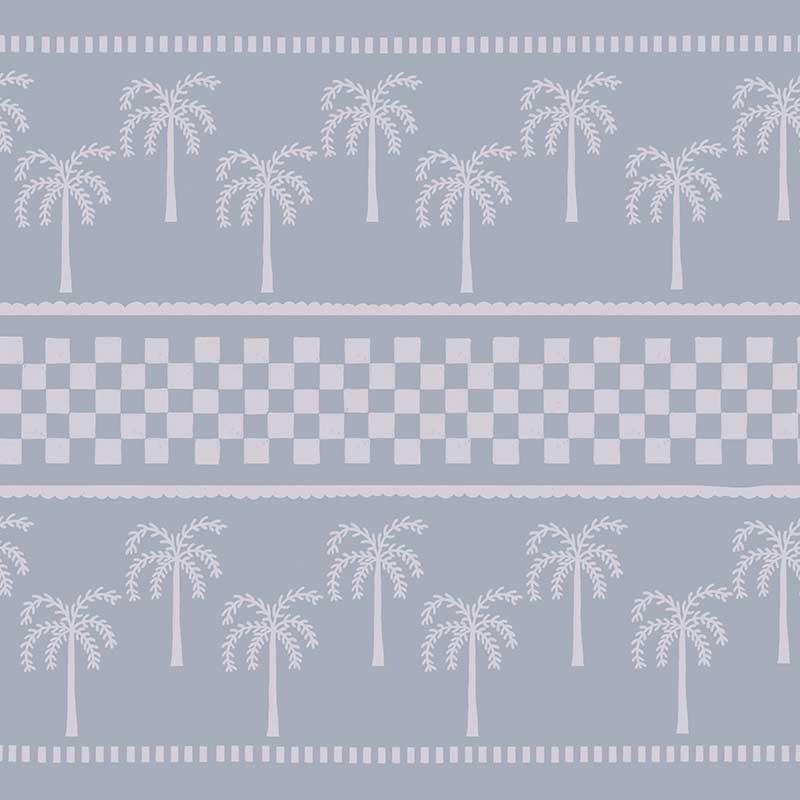 Denim blue wallpaper with off-white palm tree silhouettes and soft stripe detailing in horizontal layers, from the Shatha collection with Urban Road.