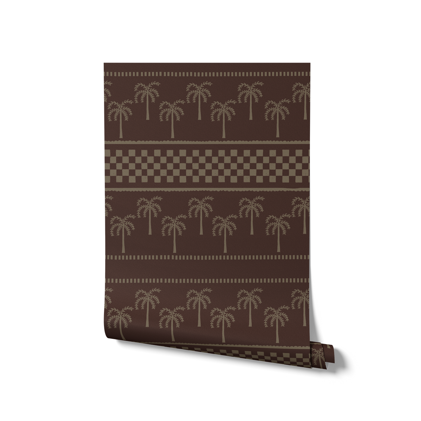 Deep brown wallpaper with tonal palm rows and geometric stripe accents in beige, from the Shatha collection with Urban Road.
