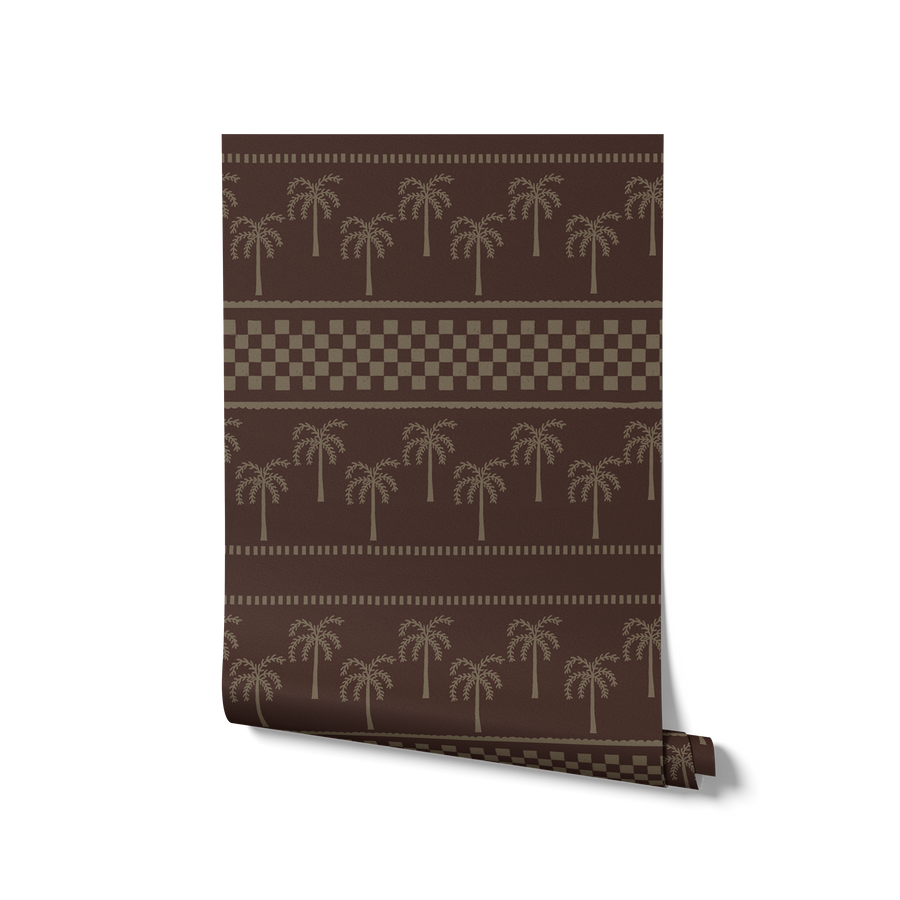 Deep brown wallpaper with tonal palm rows and geometric stripe accents in beige, from the Shatha collection with Urban Road.